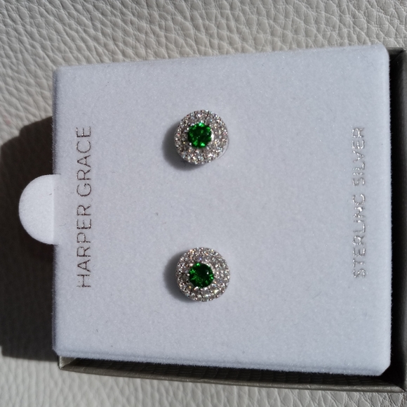Sterling silver lab created Emerald CZ earrings - Picture 5 of 12